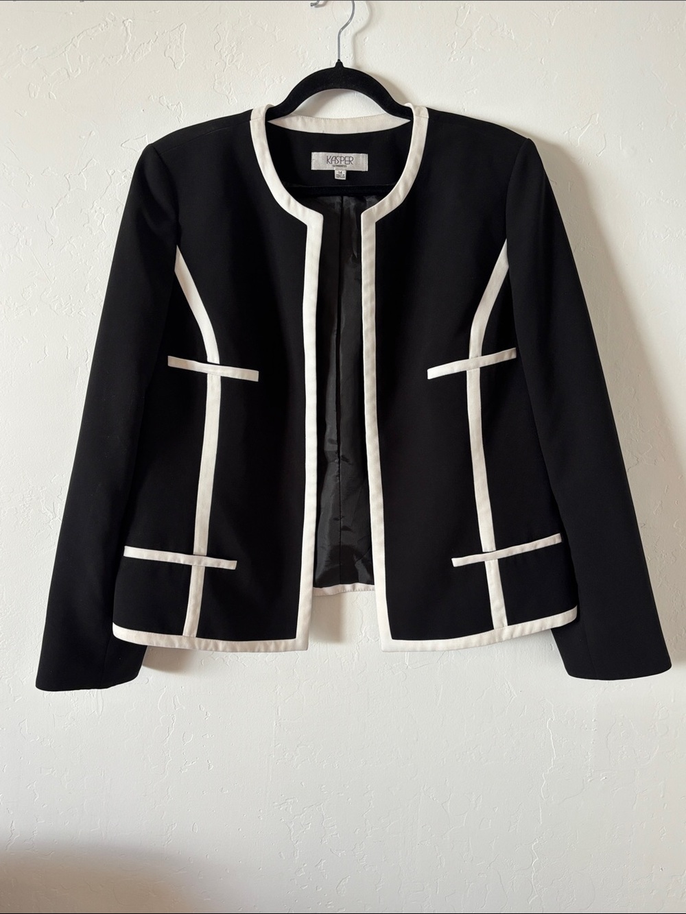 FINAL! Kasper Black Blazer with White Trim Piping